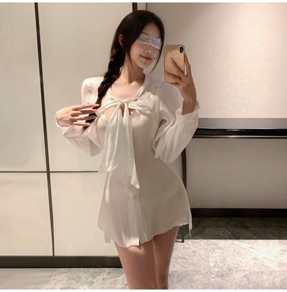 FEE ET MOI - Silky Lustre Boyfriend Tie Shirt (White)